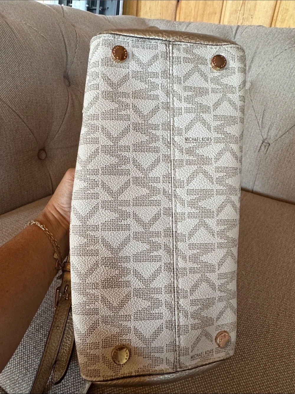 Michael Kors Metallic Gold Logo Satchel with Crossbody Strap